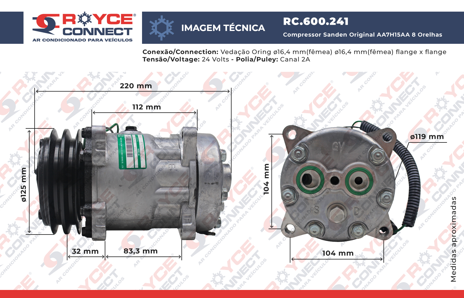 Compressor SANDEN Original AA7H15AA 4862 8 Orelhas Saida Traseira O